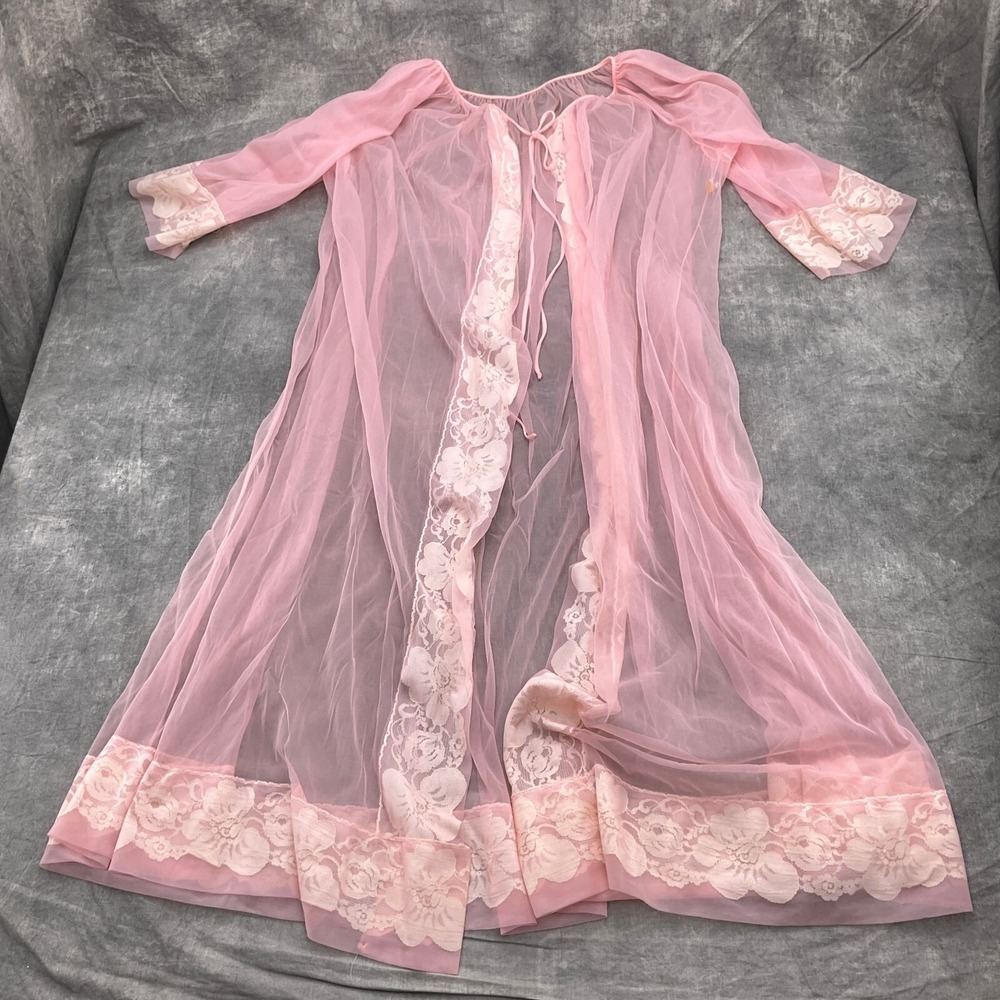 Miss Elaine Robe Women Medium Pink Ivory Lace Sheer Full Smock Floaty Dreamy VTG